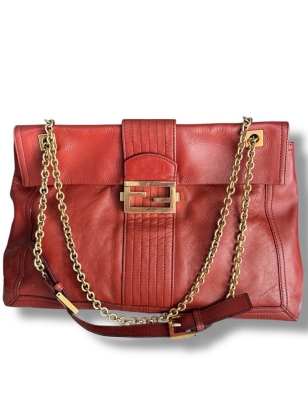 Fendi Maxi Baguette Terracotta Red Leather Gold FF Chain Strap AS-IS Italy